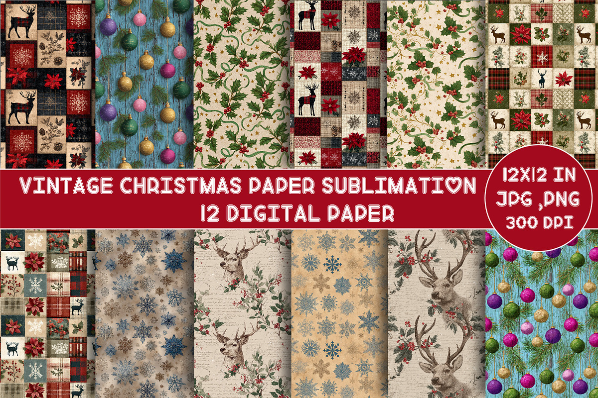 Vintage Christmas Paper Sublimation, an Illustration by Designking (Photo 1 of 4)