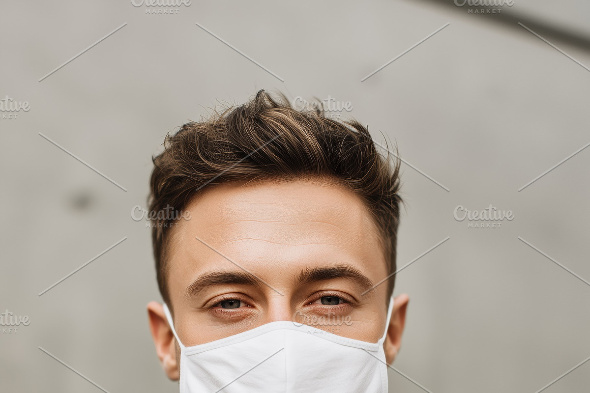 A young man wearing a white face mask mockup, gray hoodie, and black jacket, st, a Mask Mockup by Textures & Backgrounds