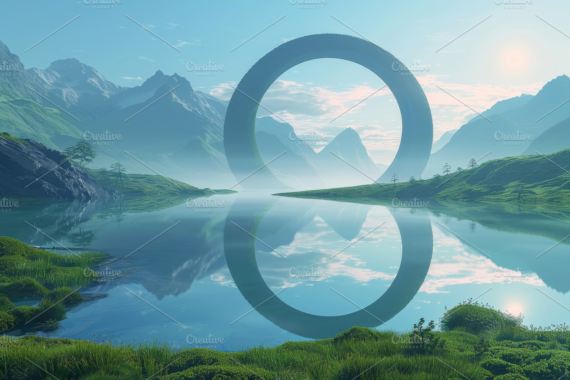As the sun rises, mist hovers above, a Photo by Tanuart