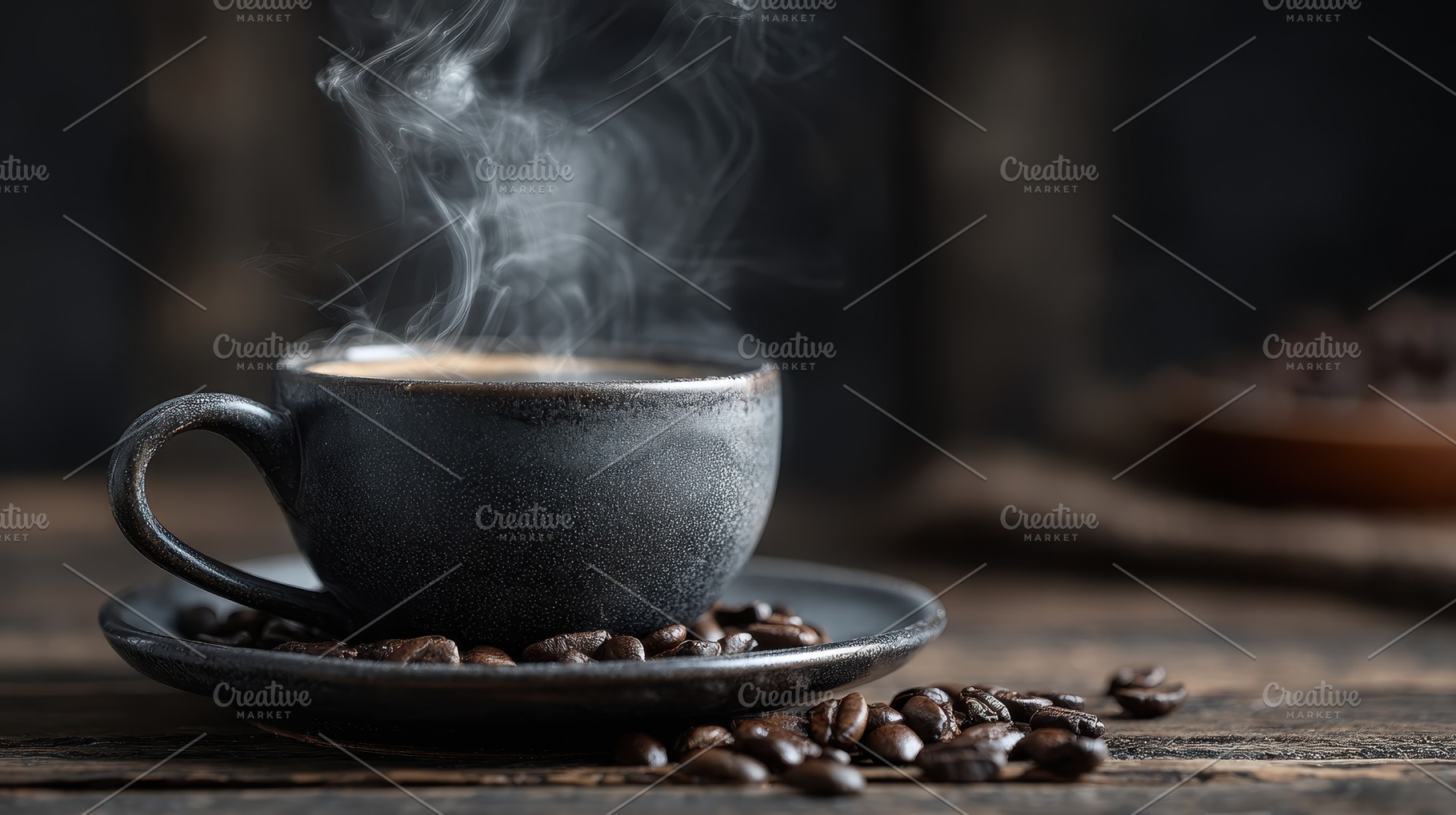 Steaming coffee in dark cup with bea, a Photo by Pixeness Studio