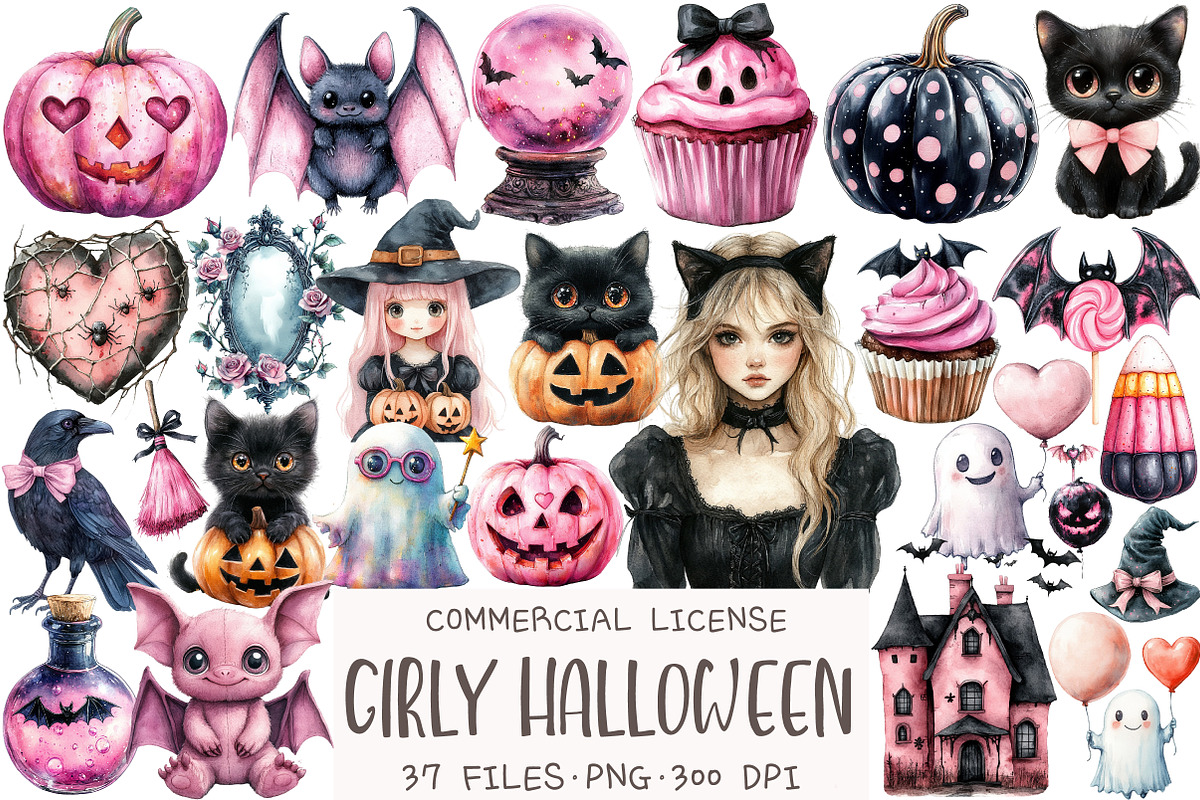Watercolor Girly Halloween Clipart, an Illustration by OK Design (Photo 1 of 5)