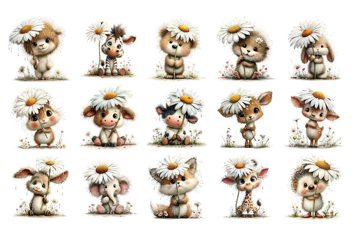 Animals with Daisy Watercolor PNG, an Animal Illustration by Nicolle's Colorful Art (Photo 3 of 3)