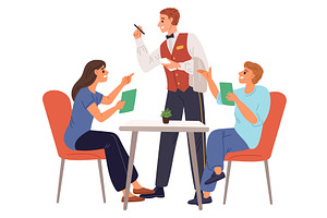 Man and woman sit at table in cafe, a Food Illustration by Vectorbuum