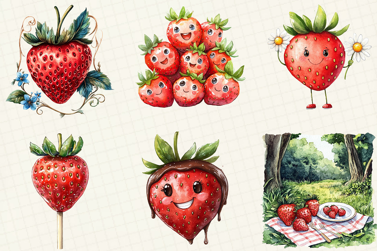 Watercolor Strawberry Clipart, an Illustration by OK Design (Photo 2 of 5)