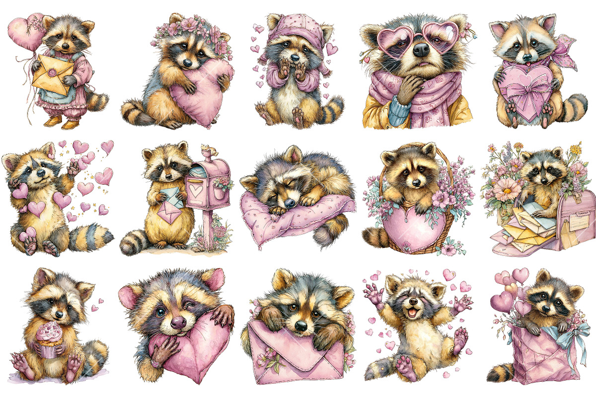 Whimsical Valentine Raccoon Clipart, an Illustration by OK Design (Photo 3 of 6)