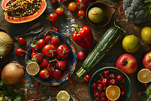 Directly above shot of various food, a Photo by LOGOCREATIVE