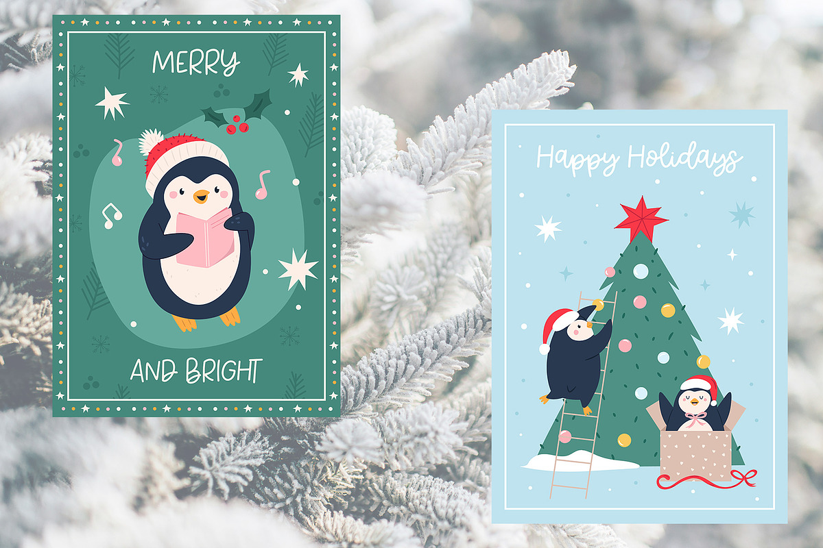 Cute Penguin Clipart & Winter Cards, an Animal Illustration by danceyourlife (Photo 4 of 12)