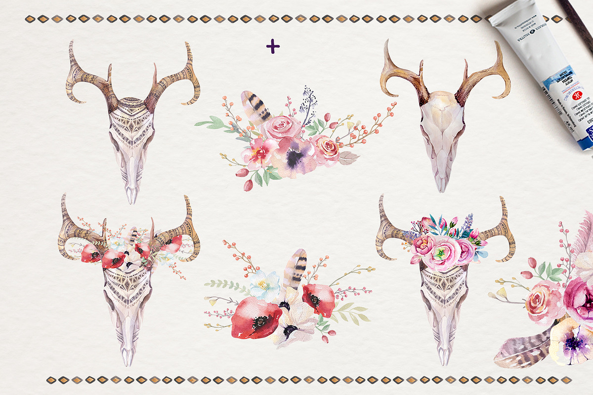 Watercolor boho skulls, a Decorative Illustration by Peace ART (Photo 4 of 7)