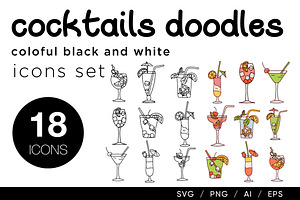 Cocktails doodle icons set
