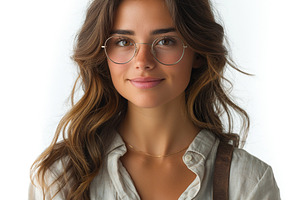 A young Hispanic woman with long, wavy hair and round glasses holds a book, exu, a Person Photo by ImageMir