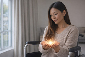 Asian woman in wheelchair holding glowing light, International W, a Photo by Dvoevnore photos