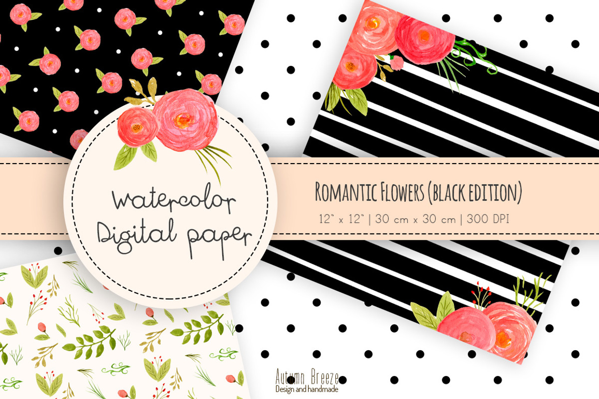 Romantic flowers digital paper black, a Pattern Graphic by Autumn Breeze (Photo 2 of 3)
