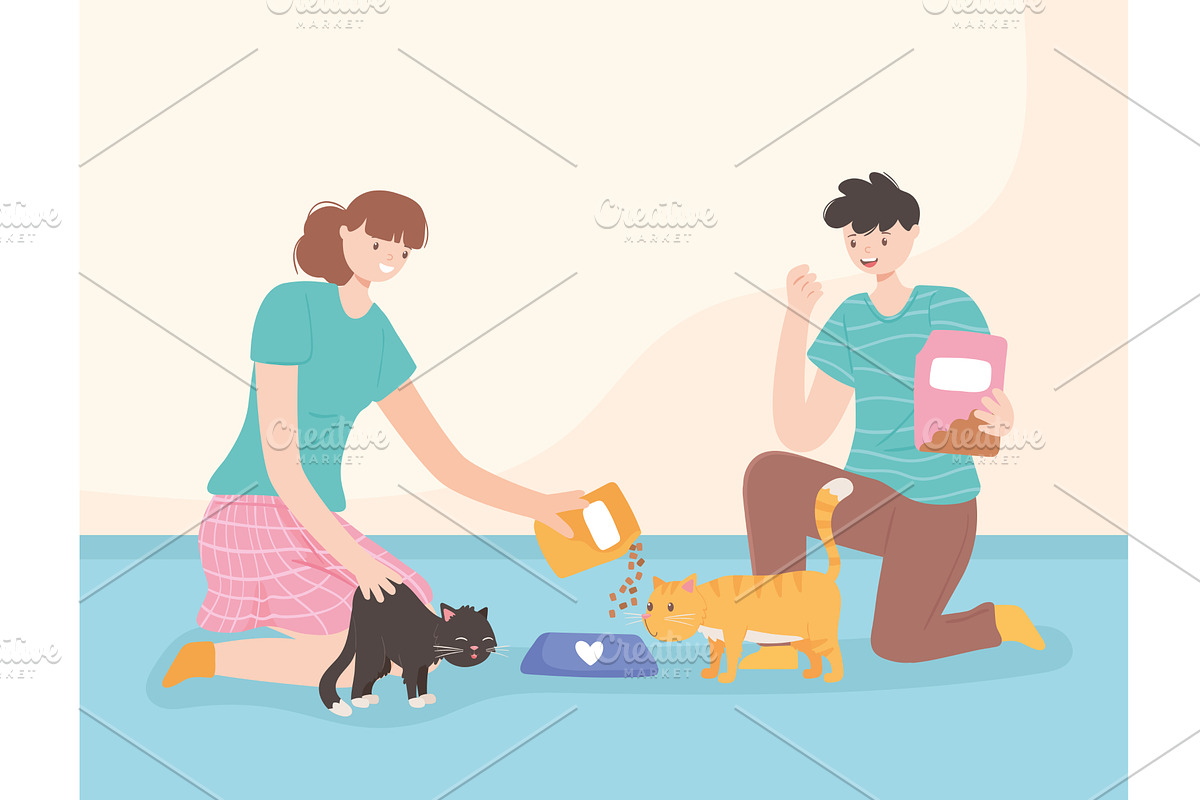 woman and man feeding cats, a Person Illustration by studiogstock