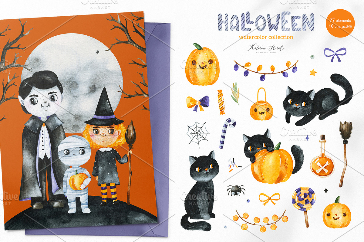 Halloween.Cute watercolor collection, a Decorative Illustration by Kate_Rina (Photo 7 of 11)
