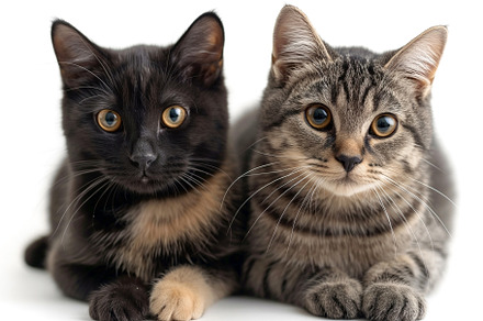 Two adorable cats, a black and a gray tabby, relax side by side on a soft surfa, an Animal Photo by ImageMir