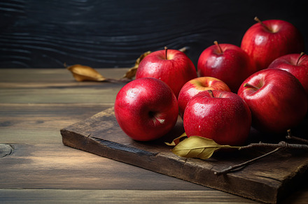 Fresh red apples with green leaves on brown wooden background, a Photo by AlyaAnd
