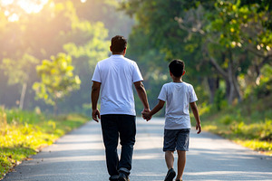 Father and his son walking in a natural outdoor setting, a Person Photo by DanFLCreativo