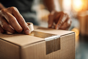 Person seals a box with tape, a Photo by Beautiful things