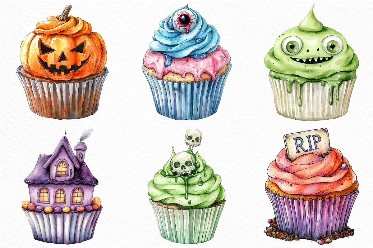 Watercolor Scary Halloween Cupcake, an Illustration by Craft Nest (Photo 4 of 6)