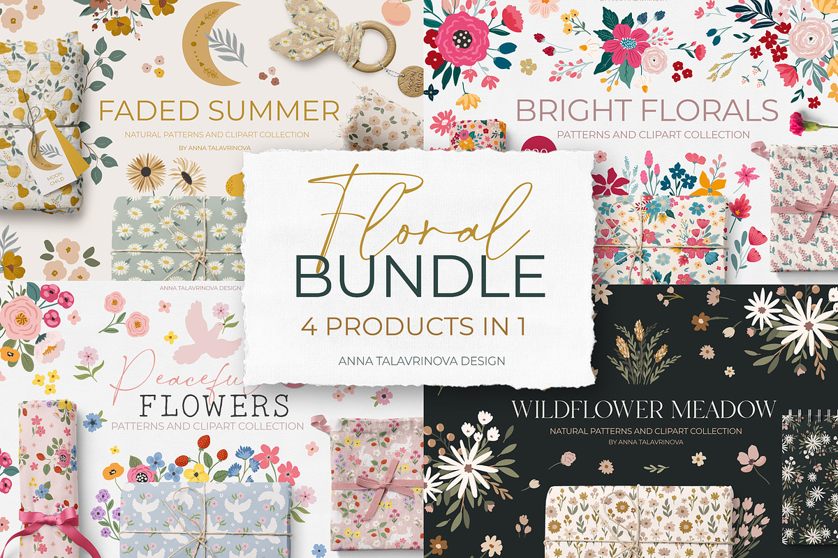 Floral Bundle pattern&clipart 4 in 1, a Background Graphic by Cozy pattern shop (Photo 1 of 10)