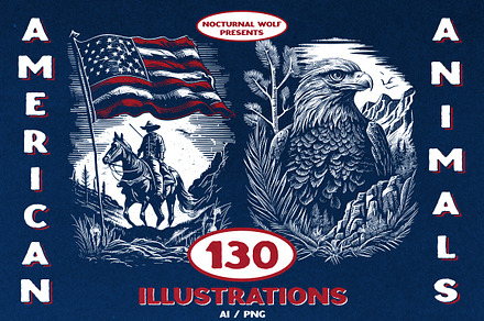 130 American Animals illustrations, an Animal Illustration by Nocturnal Wolf