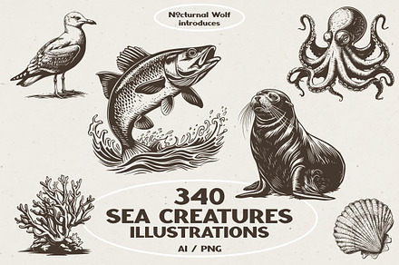 340 Sea Creatures illustrations, an Animal Illustration by Nocturnal Wolf