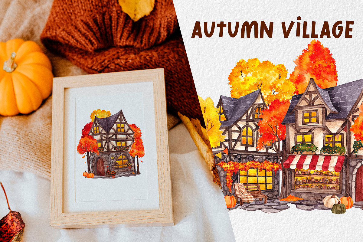 Autumn Village. Hand draw watercolor, an Object Illustration by ma_i_vi (Photo 4 of 9)