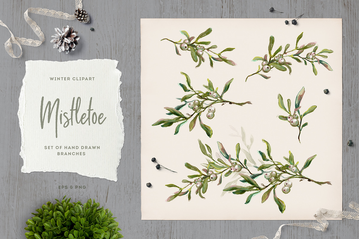 Vintage Mistletoe Christmas Clip Art, a Decorative Illustration by Elena Paletskaya (Photo 1 of 2)