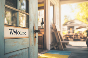 Open door with welcome sign leading, a Photo by Dvoevnore photos