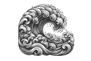 Stylized Ocean Wave Engraving Vector