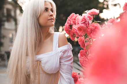 Girl with pink roses outdoors, a Person Photo by morrowlight