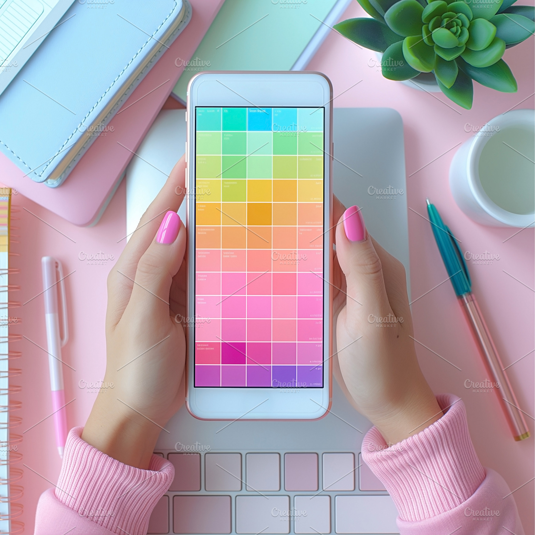 A woman with light skin holds a smartphone displaying a colorful gradient palet, a Photo by ImageMir