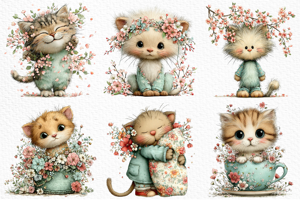 Whimsical Spring Cats Clipart, an Illustration by Craft Nest (Photo 3 of 11)
