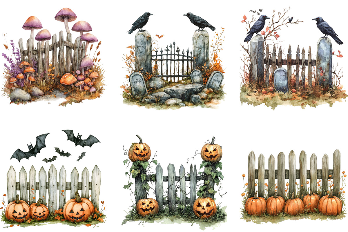 Watercolor Halloween Fence Clipart, a Work Illustration by cherrydesign (Photo 2 of 3)