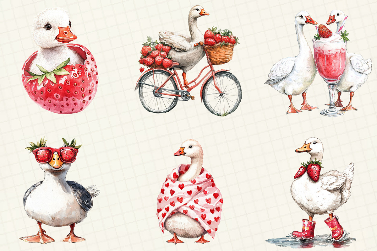 Watercolor Strawberry Goose Clipart, an Illustration by OK Design (Photo 4 of 5)