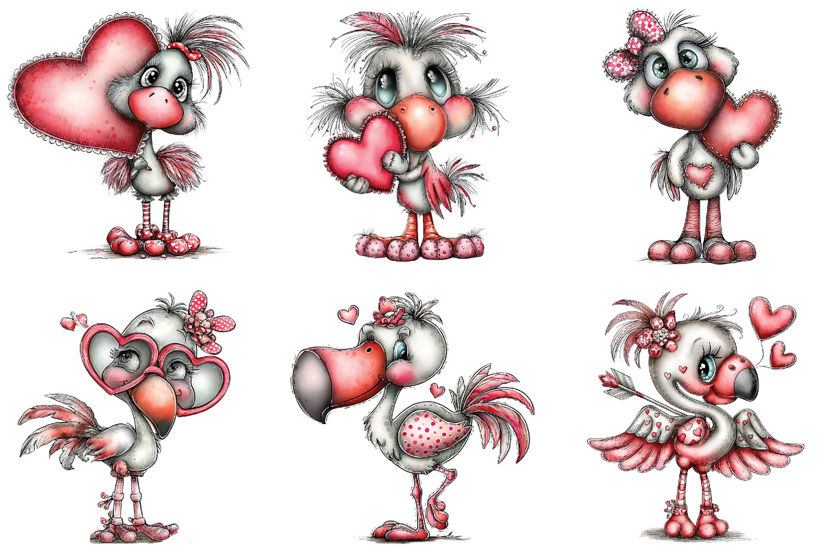 Whimsical Valentine Flamingo Clipart, an Illustration by CraftArtStudio (Photo 3 of 6)
