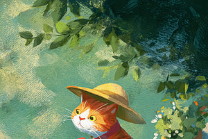 Ginger cat wearing straw hat sitting outdoors among gifts and pl, an Illustration by Studio ANNA