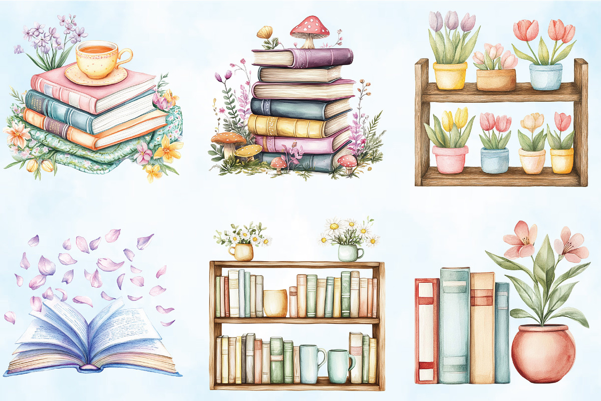 Watercolor Spring Bookshelf Clipart, an Illustration by Craft Nest (Photo 3 of 4)