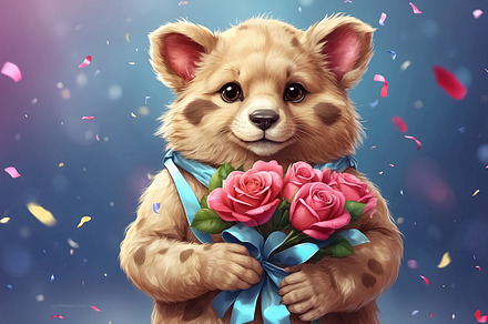 animal with bouquet of roses and confetti on blue background. Ge, an Animal Photo by Ales Munt