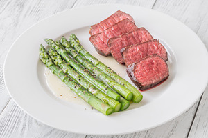 Juicy Medium Rare Steak Served With Asparagus And Lemon Butter S, a Food & Drink Photo by Alexander Prokopenko