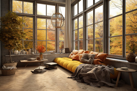 Scandinavia interior with big windows and autumn season. Generative AI, an Arts & Entertainment Photo by AlyaAnd