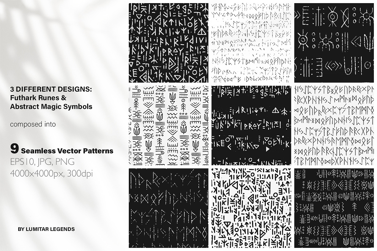 Rune Magic: Black Seamless Patterns, a Pattern Graphic by Lumitar (Photo 2 of 3)