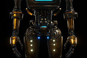A shiny, humanoid robot with a metallic body and glowing blue eyes. It features, an Industrial Photo by Textures & Backgrounds