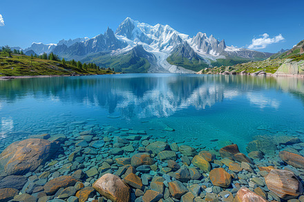 Stunning Summer View of Crystal Clear Lac Blanc with Snowy Peaks in the Backgro, a Photo by AS photostudio