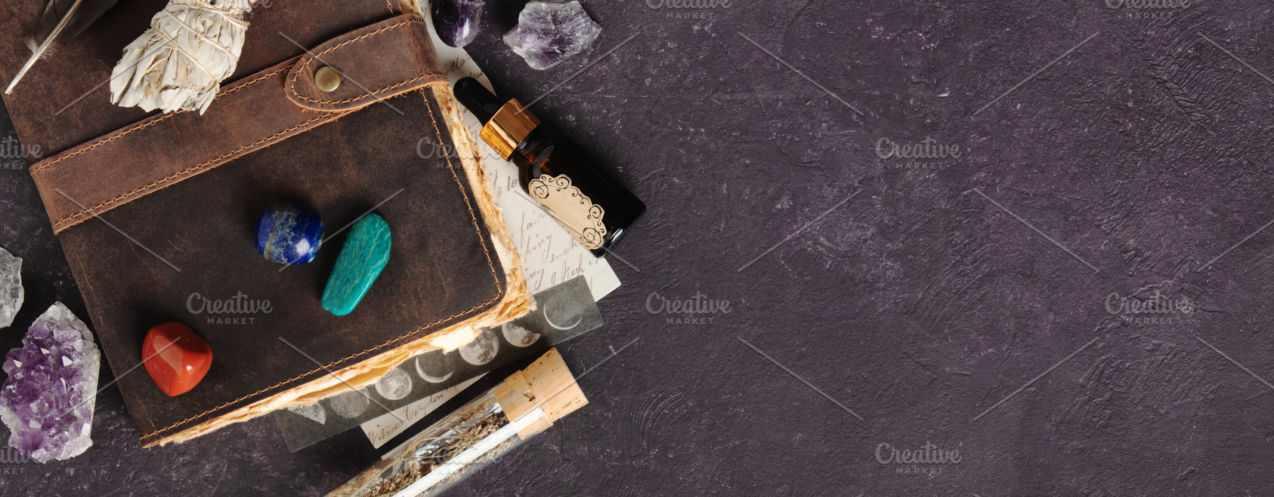 Leather Journal with Crystals, Sage, and Healing Stones on Dark, an Abstract Photo by Natalia Klenova's Shop