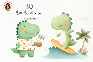 Beach Dino Watercolor Clipart PNG, a Seasonal Illustration by Nicolle's Colorful Art