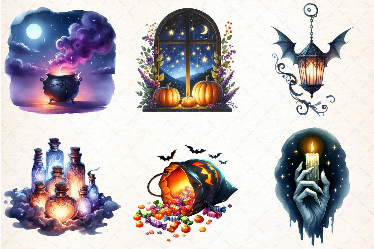 Watercolor Halloween Evening Clipart, an Illustration by DreamCafeArt (Photo 4 of 7)