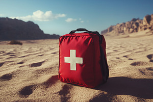 Red first aid kit on sandy desert, a Health & Medical Photo by MistyDay
