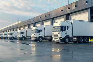 Modern cargo trucks at warehouse logistics building, a Transportation Photo by AlyaAnd