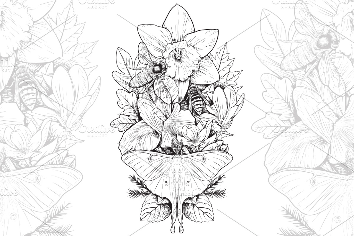 Flowers and Insects, a Decorative Illustration by BusOne